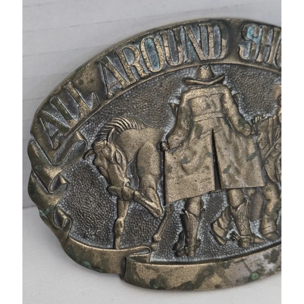 Vtg 1980s ADM All Around Showman Flasher Cowboy Novelty Belt Buckle -Solid Brass